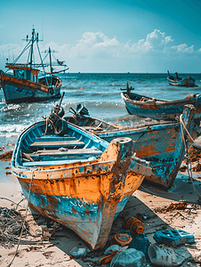 选择性关注海滩上沉没的渔船受损的船只变成了海上垃圾