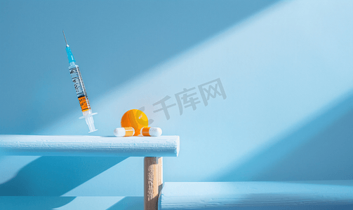 梯子上的医用注射器由木棍制成药物疫苗接种概念硬光