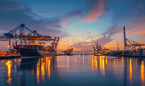 进口美妆摄影照片_日落时港口的船舶和起重机暮色场景中的货船码头