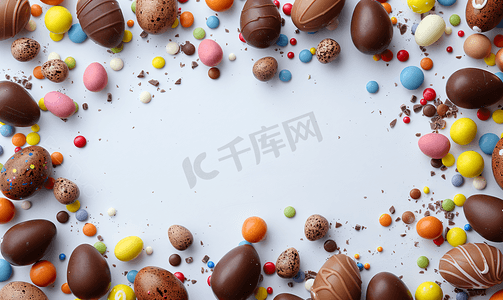 复活节框架用巧克力蛋五颜六色的糖果