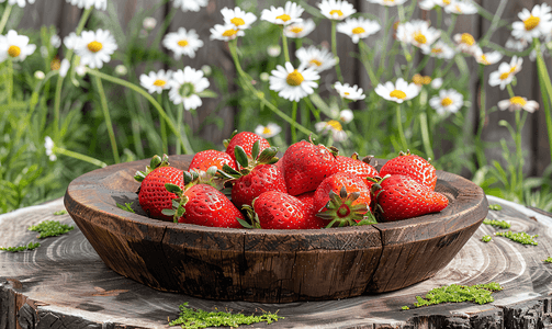 木桩上的盘子里放着新鲜草莓背景是洋甘菊花