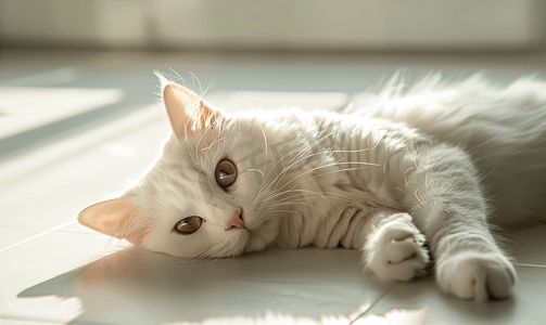 流浪的白猫躺在地板上看着镜头