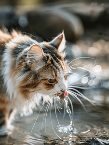 长毛猫从瀑布循环宠物饮水器猫舔嘴唇喝水