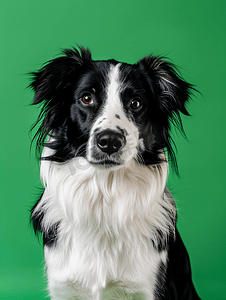 绿色背景上可爱的黑白长毛狗的肖像
