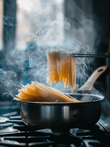 炉子上的意大利面条在锅里用沸水煮冒着烟