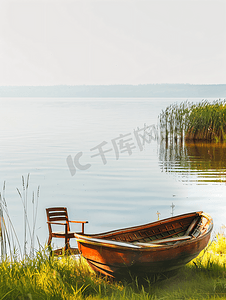 平静湖岸草地上的木制躺椅和一艘船