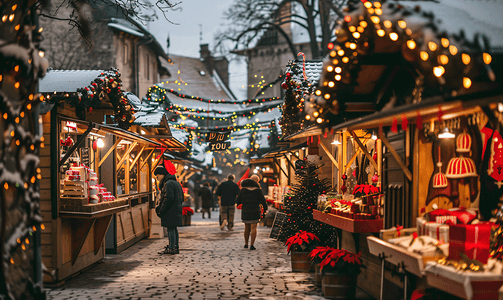 灯光景摄影照片_中世纪小镇的圣诞市场