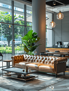现代灰色皮革沙发咖啡厅配有格朗基棕色和玻璃墙