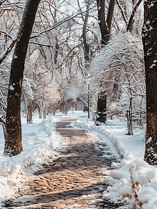 积雪小路摄影照片_冬季积雪覆盖的城市公共花园中的小路