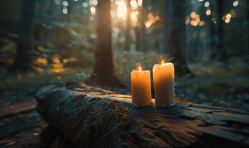 森林里一根旧木头上的两支蜡烛