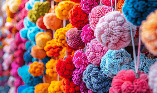 集市上摆放着不同颜色和形状的绒球