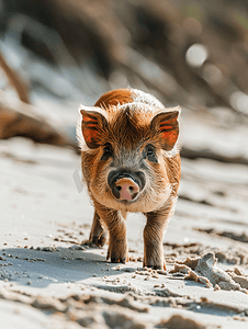 长胡子的猪沿着沙滩散步