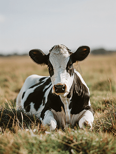 一头黑白相间的牛躺在牧场的草地上