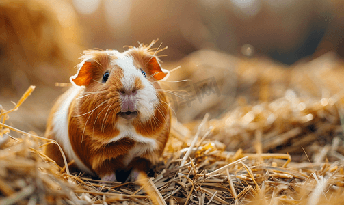 小动物房子摄影照片_干草上的可爱红白豚鼠特写小宠物在它的房子里