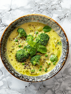 有机午餐摄影照片_素食奶油汤配西兰花和豌豆健康饮食午餐顶视图
