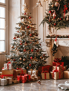 背景室内房间以圣诞风格装饰配有圣诞树和礼品盒