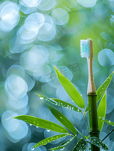 竹子植物与生态友好型牙刷的特写