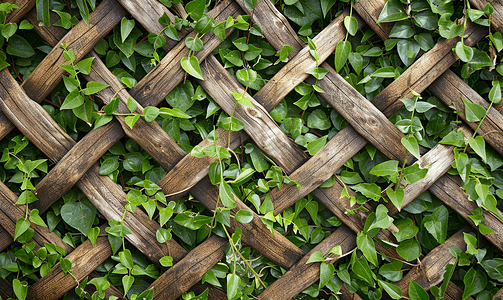 文化抽象摄影照片_绿草背景下的柳树篱笆缠绕着旋花