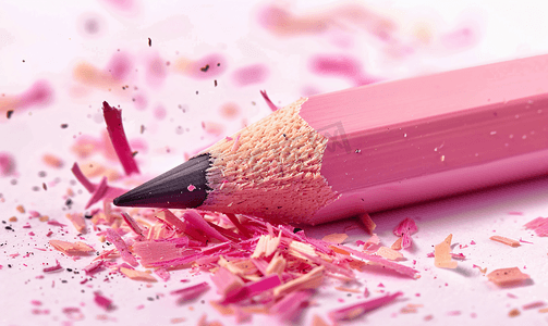粉红色铅笔在铅笔屑上