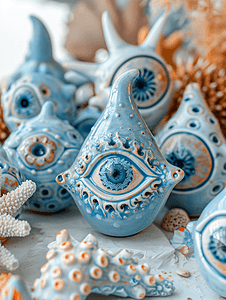 出现旅游摄影照片_邪恶之眼的蓝色陶瓷玩具以不同的动物珊瑚形式出现