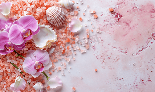 粉色椭圆形海盐带贝壳和兰花孤立海洋背景复制空间