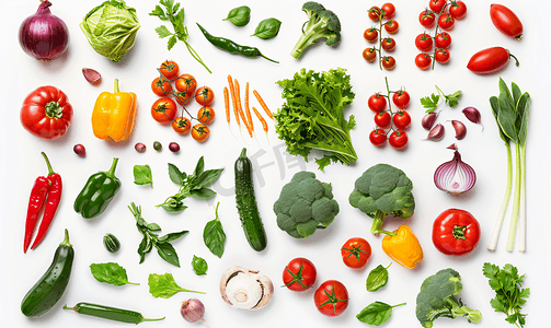 不同品种摄影照片_白色背景上分离的不同蔬菜的集合各种成分