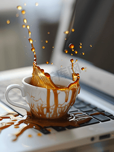 将白杯中的咖啡洒在电脑笔记本电脑键盘上的液体上