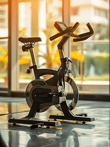 在健身房的固定自行车上进行健身锻炼