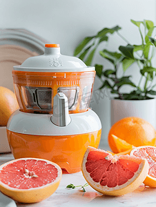白色厨房桌子上装满新鲜葡萄柚汁的柑橘榨汁机