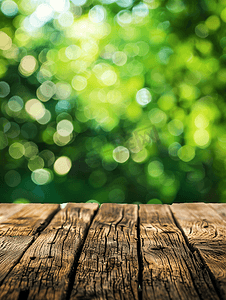 透视的背景摄影照片_绿色散景背景上的木地板