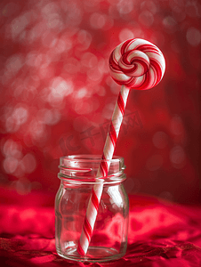 红色背景玻璃罐中的棒棒糖棒棒糖