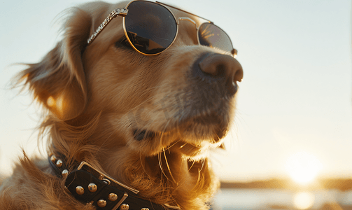 酷酷眼镜摄影照片_一只戴着金色镶钉太阳镜的酷炫时尚狗