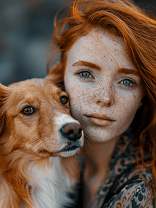 红发和流浪狗特写肖像看着相机的狗