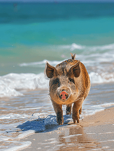 沿着海边的海滩散步的大胡子猪