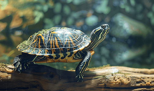 乌龟爬爬摄影照片_栖息地中的河龟水中和木制平台上的乌龟