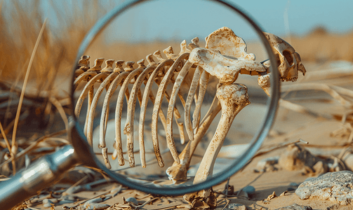 通过放大镜白色背景查看沙漠中动物的骨头