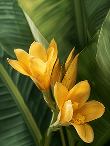 在香蕉叶后的一朵美丽的花植物