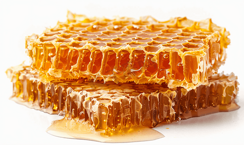 背景的多边形摄影照片_白色背景上的蜂蜜梳甜蜂蜜产品梳子里的甜蜂蜜