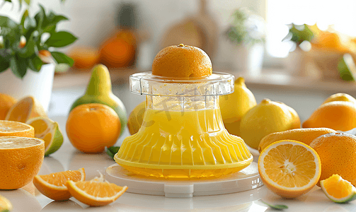 柑橘摄影照片_厨房桌上的一杯橙汁柑橘榨汁机和各种柑橘类水果