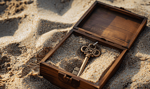 打开的盒子盒子摄影照片_沙滩上棕色盒子里的复古风格钥匙