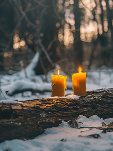 森林里一根旧木头上的两根蜡烛