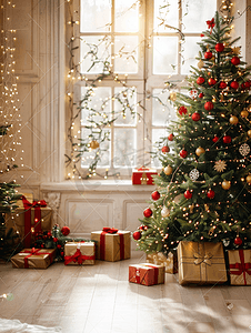 室内圣诞树摄影照片_背景室内房间以圣诞风格装饰配有圣诞树和礼品盒