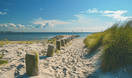 丹麦海岸的沙滩在海湾阳光下散步时的石堤