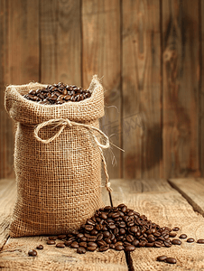 木质背景上粗麻布袋中的咖啡豆特写