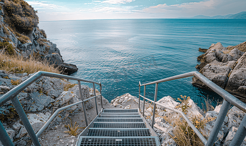 一条路摄影照片_一条金属楼梯通往崎岖未受污染的海岸线
