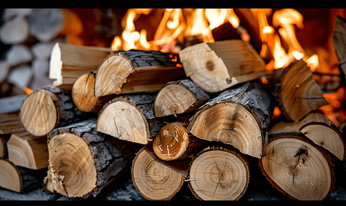 原木风干花摄影照片_壁炉中燃烧的木头和原木堆
