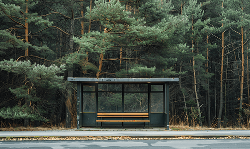 森林路边矗立着一座空荡荡的小型巴士站