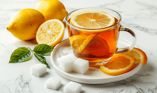 水果茶摄影照片_一杯加柠檬和糖的甜果茶