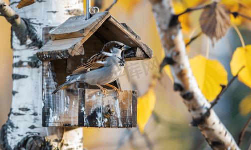 麻雀坐在树上的鸟舍上喂食器挂在桦树上