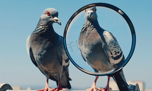 两只鸽子坐在管道上通过放大镜欣赏蓝天